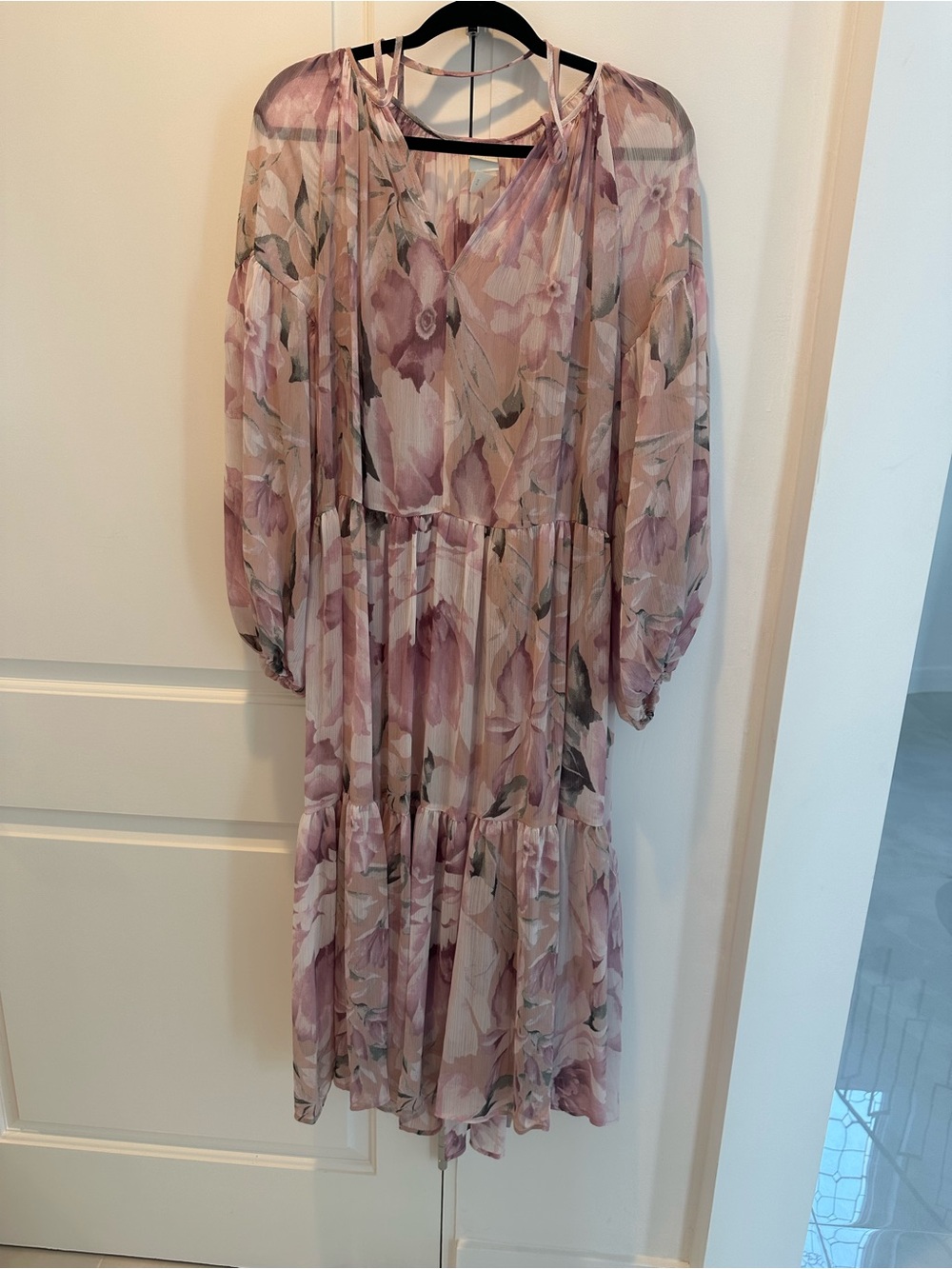 H&M Sheer Long-Sleeve Tiered Floral Midi Dress in Dusty Pink